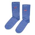 Ein Paar Berlin Glitzersocken in blau/hummer mit Brandenburger Tor und Fernsehturm