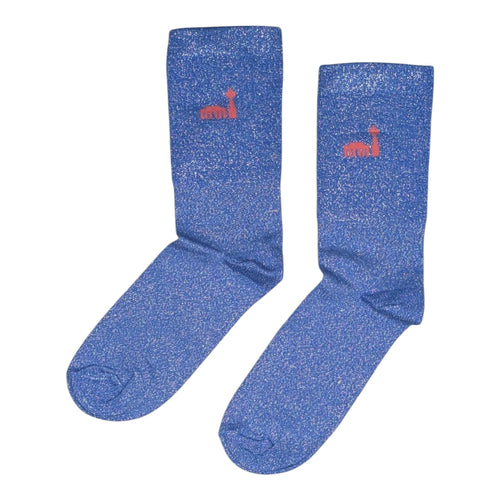 Ein Paar Berlin Glitzersocken in blau/hummer mit Brandenburger Tor und Fernsehturm