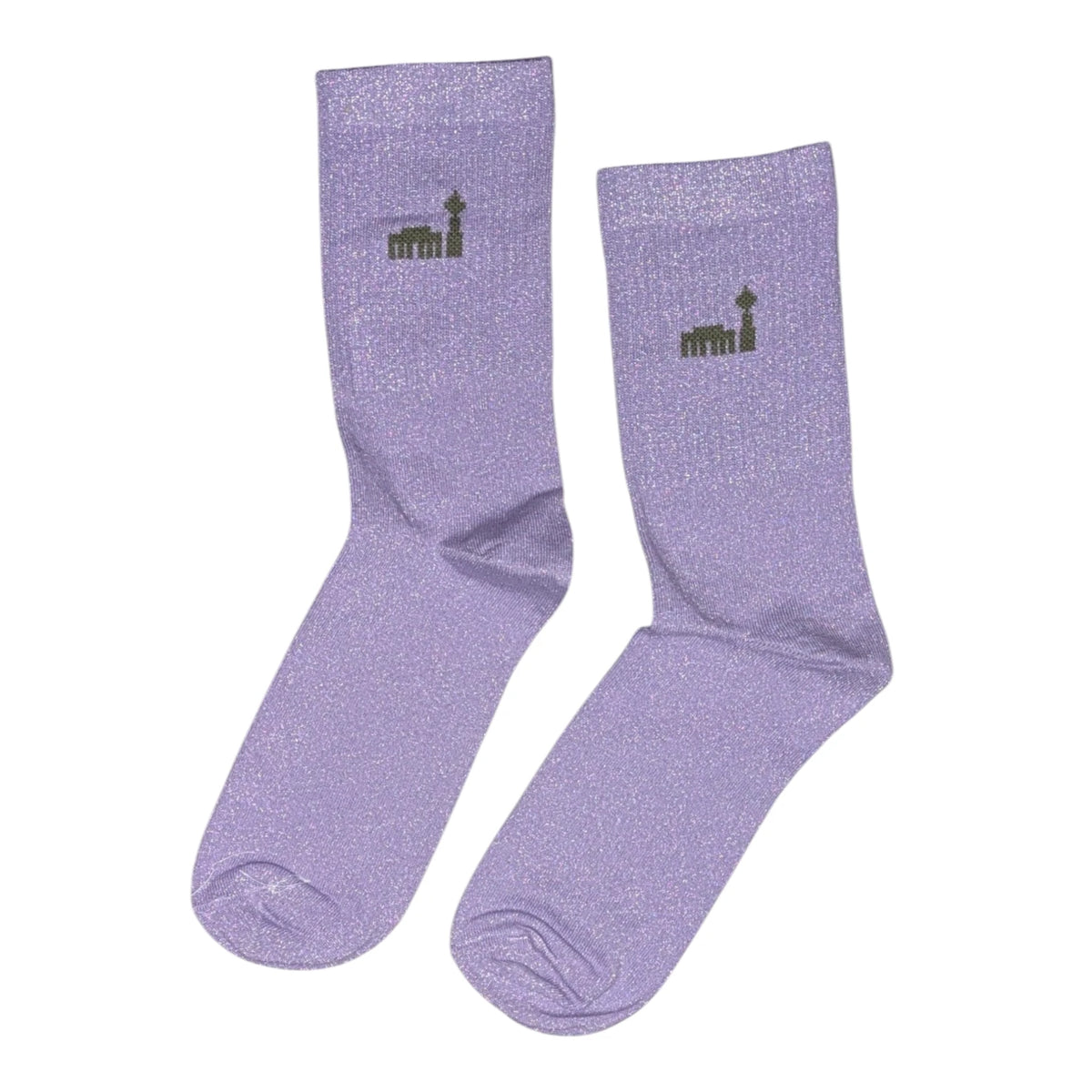 Ein Paar Berlin Glitzersocken in flieder/olive mit Brandenburger Tor und Fernsehturm