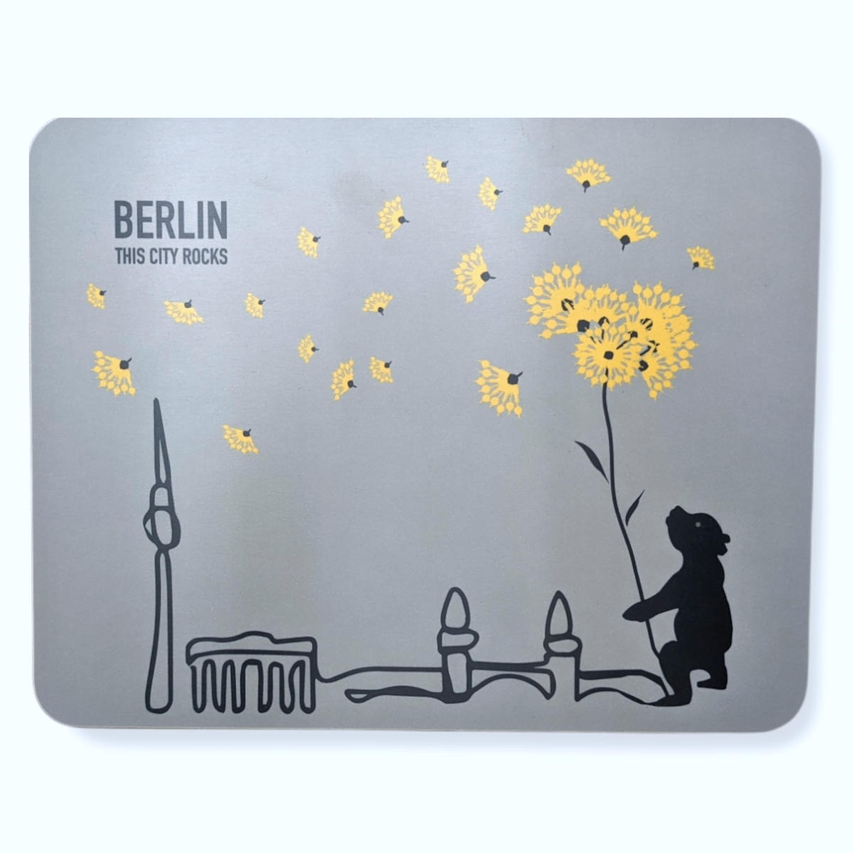 Berlin-Frühstücksbrettchen mit Bär, Pusteblume und Fernsehturm in Grau und Gelb